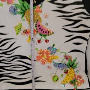 BEREK Designer Zebra Sides Applied Blingy Fruit Design ~ Womens Top ~ Sz Large